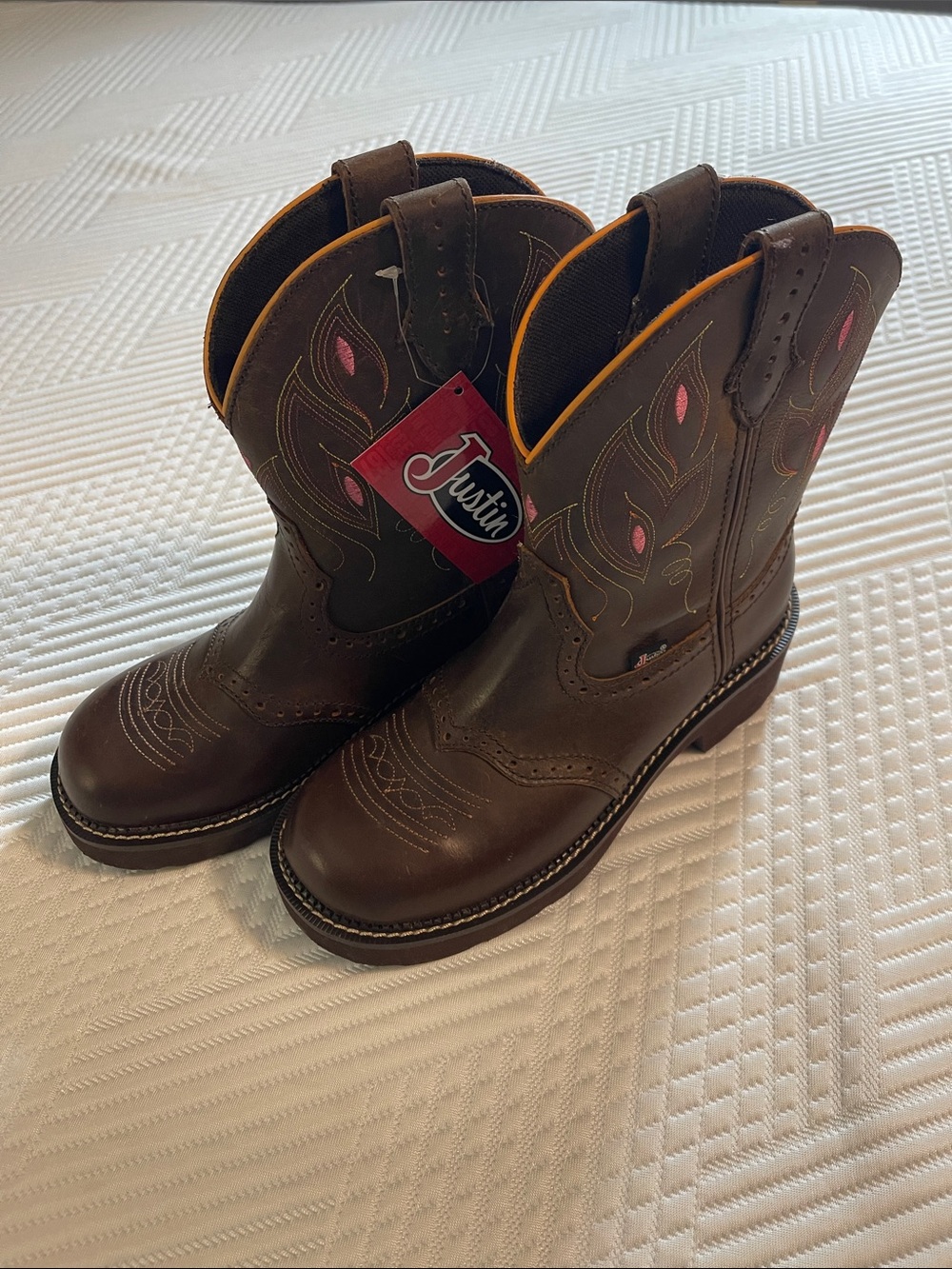 Justin Boots Brown Leather Western Ankle Booties with Pink Stitching